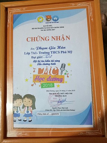 Chúc mừng em Phạm Gia Hân lớp 7a1 - Đạt hạng tư hội thi MC học đường