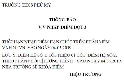 THÔNG BÁO  NHẬP ĐIỂM ĐỢT 3 - NĂM HỌC 2018 - 2019