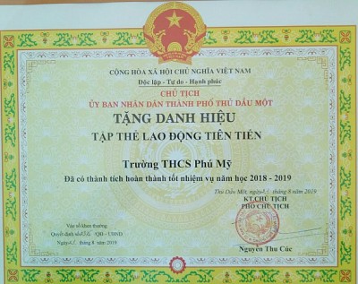 Nhận bằng khen hoàn thành tốt nhiệm vụ - Năm học 2018 - 2019 do UBND Thành phố khen