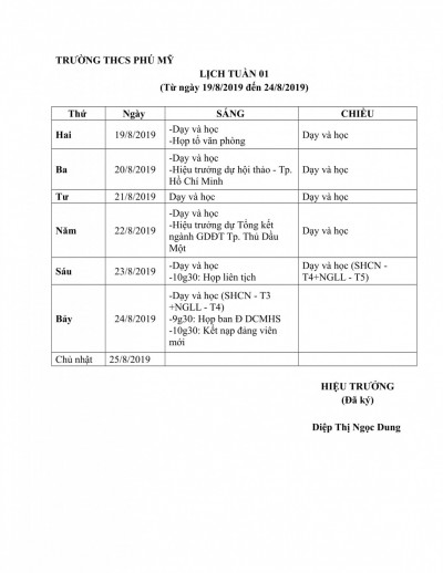 Lịch công tác tuần 1 (19/08/2019 - 24/8/2019)