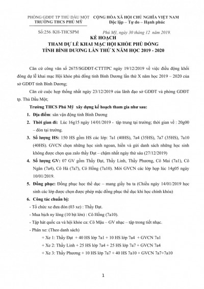 Kế hoạch tham gia lễ khai mạc Hội khỏe phù đổng tỉnh Bình Dương lần thứ X năm học 2019 – 2020