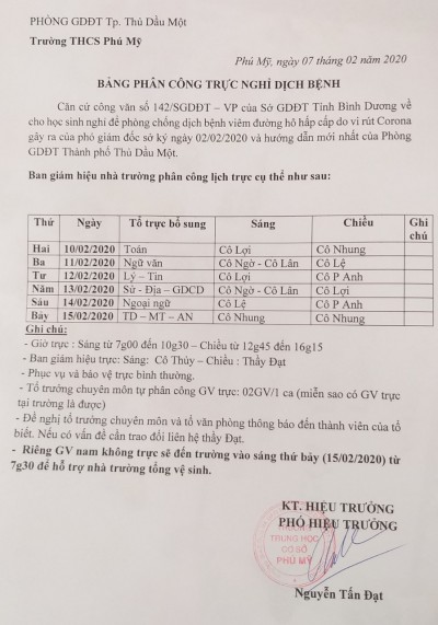 Lịch trực trường từ ngày 10/02/2020 đến 15/02/2020