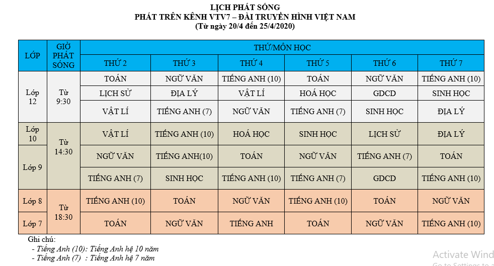 Lịch phát sóng đài truyền hình VTV 7