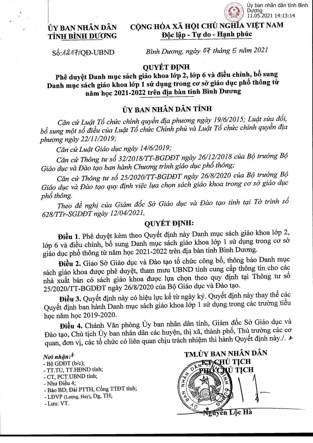 Quyết định Phê duyệt Danh mục sách giáo khoa lớp 2, lớp 6 và điều chỉnh, bổ sung Danh mục sách giáo khoa lớp 1 sử dụng trong cơ sở giáo dục phổ thông từ năm học 2021-2022 trên địa bàn tỉnh Bình Dương
