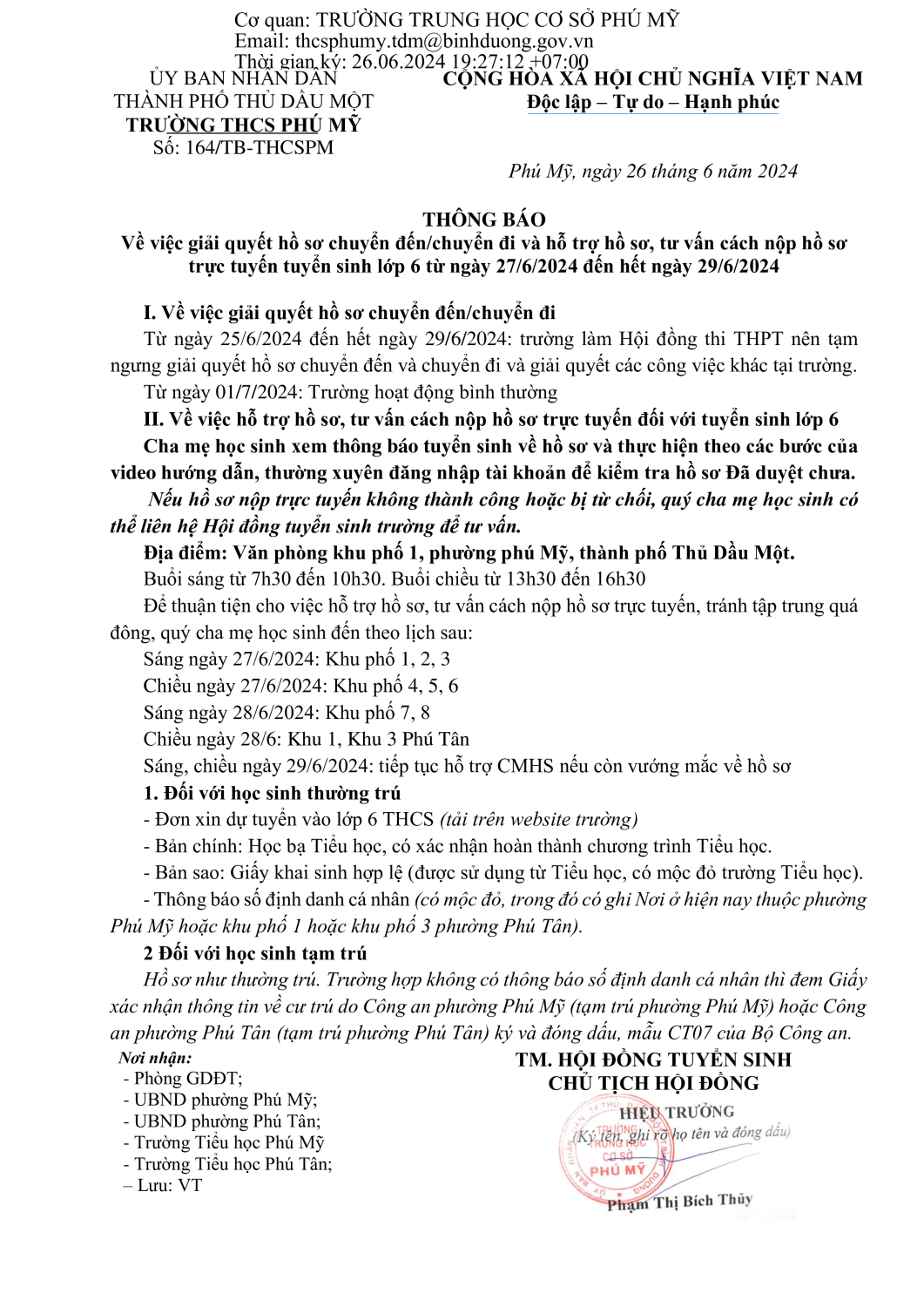 Thông báo tạm dừng giải quyết hồ sơ chuyển đến chuyển đi và hướng dẫn nộp hồ sơ trực tuyến tuyển sinh lớp 6 signed